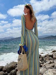 Sexy Backless Flare Sleeve Lace Knit Cut Out Party Beach Maxi Dress 2024 Summer Women Vacation Beachwear Swimsuit Cover Up A2815