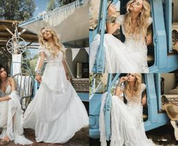 Vintage Bohemian Beach Wedding Dresses Aline Deep V Neck Lace Appliqued Short Sleeves Bridal Gowns Chiffon Sweep Train Boho Weddi2790789
