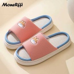 Slippers New Cow Women Shoes Summer Linen Indoor Non-Slip Cute Cartoon Sandals House Flip Flops Kaii Slides Ladies01M4QE H240322MUFO H240322