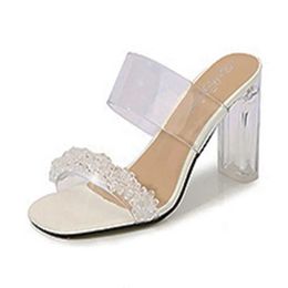 Dress Shoes 2022 New Pearl Women Slippers Transparent Double One Word Band Sexy 9CM Slides Square Toe Sandals Summer Chic Crystal Heel H2403254