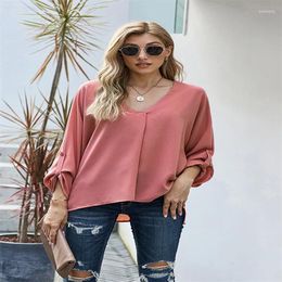 Women's T Shirts Office Ladies Classic Casual Pullover Shirt Solid Colour Spring Adjustable Bat Sleeve V-neck Loose