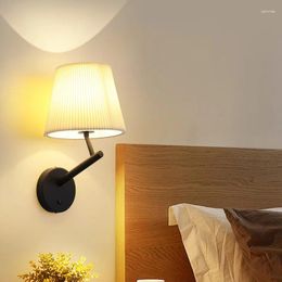 Wall Lamp American Vintage Bedroom Bedside Lamps ON/OFF Switch LED E27 Stair Hallway El Light Pleated Fabric Lampshade