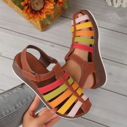 Sandals Colorful Strappy Sandals Woman Retro Wedge Gladiator Sandalias Ladies Summer Casual Platform Beach Shoes In Brown Blue