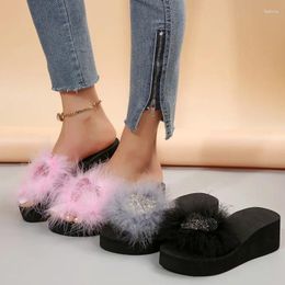 Sandals Ostrich Fur Platform Slippers Women Comfortable Summer Furry Slides Muffins Shoes Woman Fluffy Pantoufle Femme Y1033