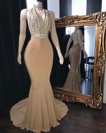 Çarpıcı Şampanya Deniz Kızı Prom Seksi Sırtsız Yular Boyuncu Seraları Uzun Akşam Elbise Elbiseler Özel Yapım BC15748