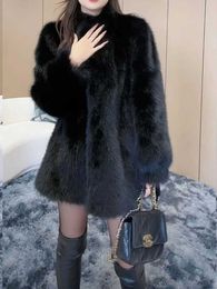 Women's Fur Faux Fur Thickened Fur Coat Womens Fox Fur Environmentally Friendly Fur Coat Medium Length Winter New Stylish Black