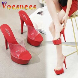 Dress Shoes 2022 Summer Slippers 6 Colour Red White Black Women Platform Sexy Nightclubs T stage Shows High Heels 15cm Plus-size 34-41 H240325