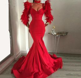 Mermaid Red Feathers Evening Dress 2023 Slim Party Gown Long Sleeves Prom Dresses vestido de festa longo New Arrival5680483