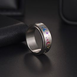 Colorful Star Moon Rings Rotate Stainless Steel Ring Spinner Decompression Ring Relieve Anxiety 8MM Can Be Rotated Band Women fashion Jewelry
