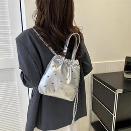 Shopping Bags Korean Niche Design Colored Gemstone Backpack Ins Fashion Versatile Chain Drawstring Silver For Women And Men