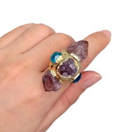 YYGEM Natural Purple Amethyst Point Druzy Rough Blue Crystal Ring Gold Plated Adjustable Gems Ring 240305