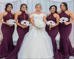 2020 New Burgundy Halter Lace Bridesmaid Dresses Keyhole Sheer Neck Custom Made Mermaid Wedding Guest Gown Vestido Gadern Wedding 7548899