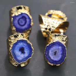 Cluster Rings Blue Sunflower Agate Druzy Quartz Adjustable Ring Women Irregualr Raw Stone Gold Colour Open Finger Fashion Jewellery