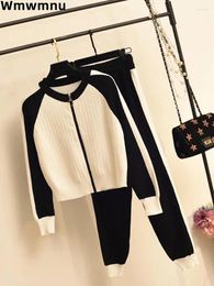 Women's Two Piece Pants Casual O-neck Patchwork Sweater 2 Set Slim Women Zipper Sueter Tops Conjuntos Mom Jogger Knitwear Pant Ensembles