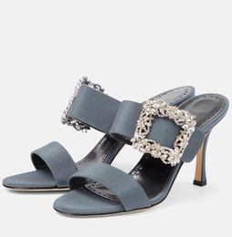 2024 Summer Walk Luxury Women Gable Satin Heel Sandals Shoes Crystal-embellished Buckle Lady Mules Luxury Slippers & Daily Walking Woman High Heels Shoe EU35-43