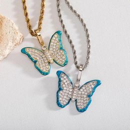 Pendant Necklaces Luminous Butterfly Pendants Hip Hop 5A CZ Stone Paved Bling Iced Out For Women Men Unisex Rapper Jewellery