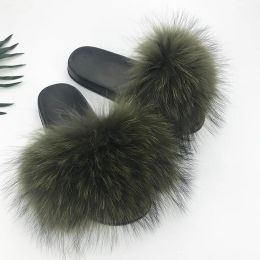 Flops Summer Raccoon Fur Slippers Women Fluffy Real Fox Hair Slides Plush Home Sandals Fashion Cute Rainbow Flip Flops shoes FS002