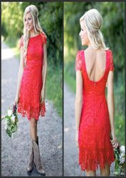 2019 New Red Full Lace Short Knee Length Bridesmaid Dresses Cheap Country Style Crew Neck Cap Sleeves Mini Backless Bridesmaids Dr5181318