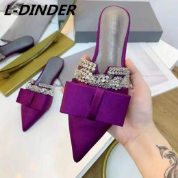 Slippers Purple Satin Crystal Flat Women Slides Pointy Toe Real Leather Party Beach Slippers Shiny Diamond String Bead Summer Slippers