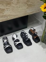 Sandals Fashion Women Summer Outside Narrow Band Design Flat Mid Heels Back Strap Black White Brown Silver Sexy Pumps Size 35-40