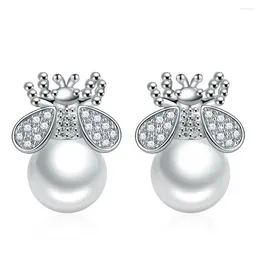 Stud Earrings Cute Ladies Small White Shell Pearl Bee Shape Girls Fashion Jewellery Gift