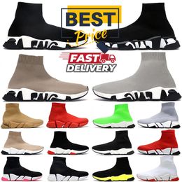 Designer Sock Shoes Graffiti White Black Red Beige Pink Clear Sole Lace-up Neon Yellow Socks Speed Runner Trainers Flat Patform Slip On Sneaker for Men and Women