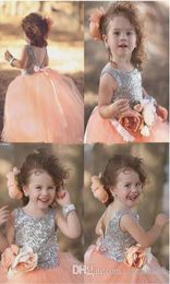 Peach Pink Shiny Sequin Princess pageant Dresses For Your Little Girl Handmade Flower Ball Gown Flower Girls039 Dresses3232424