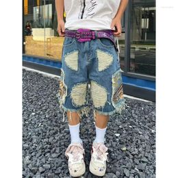 Men's Jeans 2024 Summer High Street Ripped Patch Denim Shorts Stylish Casual Embroidered Tassels Straight Male Five-point Pants