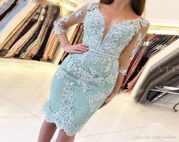 Mint Green Cocktail Dress 2020 Vintage 34 Long Sleeve Sheath VNeck Knee Length Mother Dress Lace Appliques Women Formal Party Go2444509