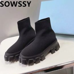 Slippers 2023 New Knitted Socks, Boots, Thick Sole Cake Shoes, Long Sleeve, Over Knee, Slim Round Head, High Heel Socks, Boots for Women