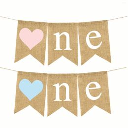 Party Decoration Baby Shower Decorations Blue Heart Burlap ONE Banner Girl Birthday Pink Highchair Flag