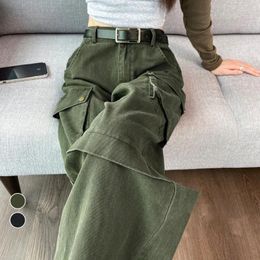 Women's Jeans 2024 Y2K Cargo Denim Pants Women Green Wide Leg Trousers Female Korean Streerwear Hip Hop Pockets Casual Retro