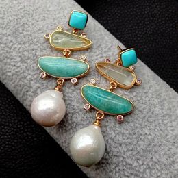 YYGEM Natural geometric Turquoise ite Prehnite Freshwater White Pearl Stud Earrings gold Filled office style for women 240305