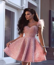 Luxury Pearls Pink Short Prom Dresses Arabic Dubai Style A Line Sweetheart Knee Length Cocktail Party Dress Evening Gowns2230176