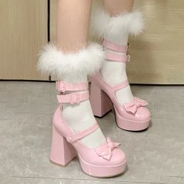 Pumps Platform Lolita Shoes Summer 2023 Strap Platform Heels Pumps Bowknot Kawaii Cute Pink Mary Janes Women Heels Solid Pumps