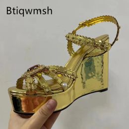 Boots Gold Rhinestone Sandals Woman Open Toe Silver Slingback Platform Wedges High Heels Lady Sexy Wedding Shoes