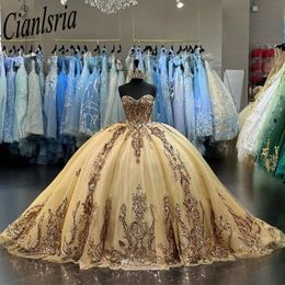 Champagne Quinceanera Dresses Ball Gown Birthday Party Dress Lace Up Graduation Gown Sweetheart de 15 anos