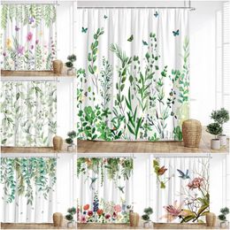 Shower Curtains Greenery Curtain Spring Flower Botanical Farm Butterfly Hummingbird Watercolor Modern Polyester Bathroom Decor With Hooks