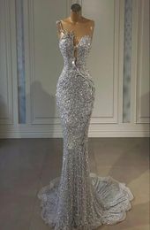 Sparkly 2021 Sequined Silver Mermaid Prom Dresses Aso Ebi Arabic Jewel Neck African Beaded Evening Gowns Plus Size Reception Secon7784176