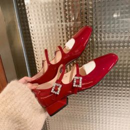 Pumps Luxury Crystal Belt Buckle Mary Janes Woman Red Patent Leather Ballets Shoes Ladies Wedding MedHigh Heels Pumps Femmes Tacones