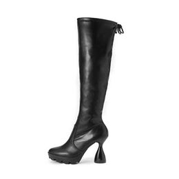 Dress Shoes Voesnees New Women Waterproof Platform Black Elastic Long Boots Fashion Spring Autumn Chunky Heels Over The Knee Booties H240325