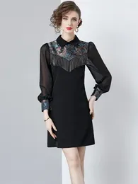 Casual Dresses Elegant Retro Tassels Flower Embroidery Woman Chiffon Long Sleeve Patchwork A-Line Black Vestidos Female Mini Clothing