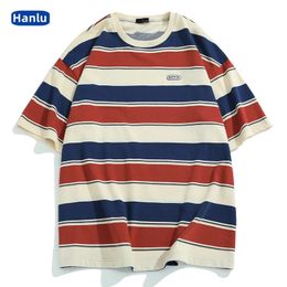 Japanese fashion mens stripe oversize t-shirt mens and womens summer pure cottonT-shirt 240313