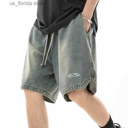 Men's Shorts Summer Mens Casual Shorts Hem with Triangular Split Design Denim Shorts Male New Trendy Embroidered Loose Cropped Pants Y240320