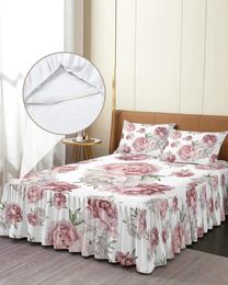 Bed Skirt Vintage Flowers Pink Peony White Elastic Fitted Bedspread With Pillowcases Mattress Cover Bedding Set Sheet