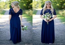 Country Bridesmaid Dresses Long For Weddings Navy Blue Chiffon Short Sleeves Illusion Lace Beads Floor Length Maid Honor Gowns3797414