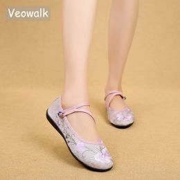 Flats Veowalk Chinese Vintage Flower Embroidered Women Cotton Ballet Flats Triangle Buckles Ladies Soft Foldable Comfort Shoes