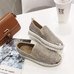 Casual Shoes Brand European Fashion Espadrilles Woman Leather Creepers Flats Ladies Loafers Crystal 2024 Jum7