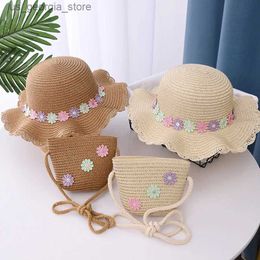 Wide Brim Hats Bucket Hats Girls Chamomile Hat Handbag Set Childrens Baby Hat Childrens Outdoor Beach Sun Hat Set Travel Holiday Sun Hat Y240320