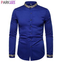 Mens Royal Blue Gold Embroidery Dress Shirts Brand Mandarin Collar Slim Fit Long Sleeve Shirt Men Party Wedding Dinner Chemise 240318